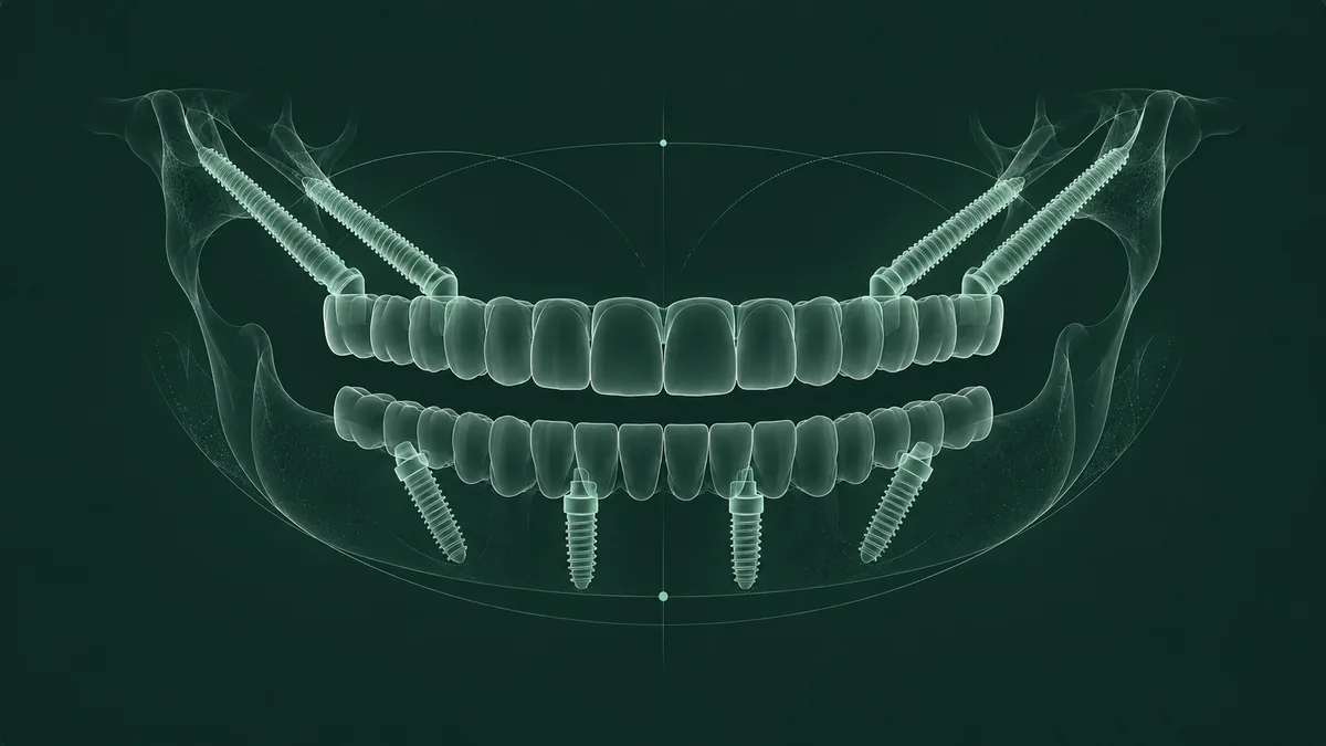 Üst çenede zigomatik, alt çenede All-on-Four implant uygulamasını gösteren temsili illüstrasyon